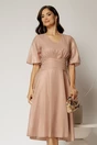 Rochie midi roz de ocazie din voal cu sidef si decolteu in V, 1, dyfashion.ro