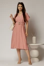 Rochie midi roz de zi din rayon cu decolteu V si curea in talie, 3, dyfashion.ro