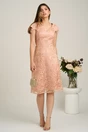 Rochie midi roz din dantela in clini cu pene la umeri, 4, dyfashion.ro