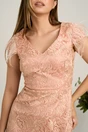 Rochie midi roz din dantela in clini cu pene la umeri, 3, dyfashion.ro