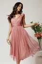 Rochie midi roz din matase naturala in clos cu baza asimetrica, 1, dyfashion.ro