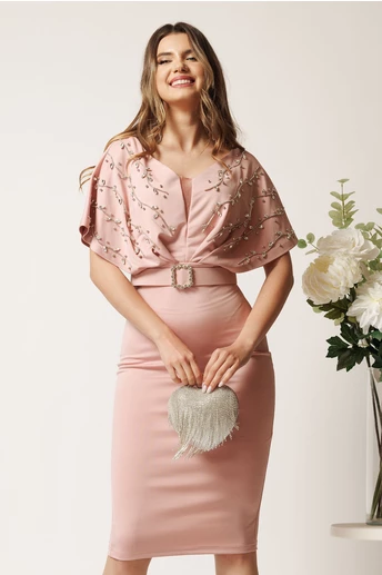 Rochie midi roz din neopren conica cu strasuri pe bust si curea in talie