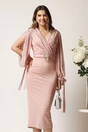 Rochie midi roz din neopren cu franjuri din strasuri la umeri si curea in talie, 1, dyfashion.ro