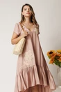 Rochie midi roz din rayon cu croi tip A si broderie florala, 3, dyfashion.ro