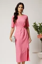 Rochie midi roz din stofa conica cu accesoriu si pliuri pe talie, 2, dyfashion.ro