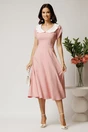 Rochie midi roz din stofa in clos cu guler alb si perle margelute la maneci, 3, dyfashion.ro