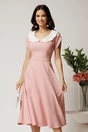 Rochie midi roz din stofa in clos cu guler alb si perle margelute la maneci, 1, dyfashion.ro