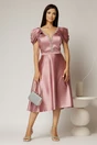 Rochie midi roz din tafta cu aplicatii la decolteu si pliuri la maneci, 3, dyfashion.ro