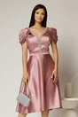 Rochie midi roz din tafta cu aplicatii la decolteu si pliuri la maneci, 1, dyfashion.ro