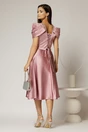 Rochie midi roz din tafta cu aplicatii la decolteu si pliuri la maneci, 2, dyfashion.ro