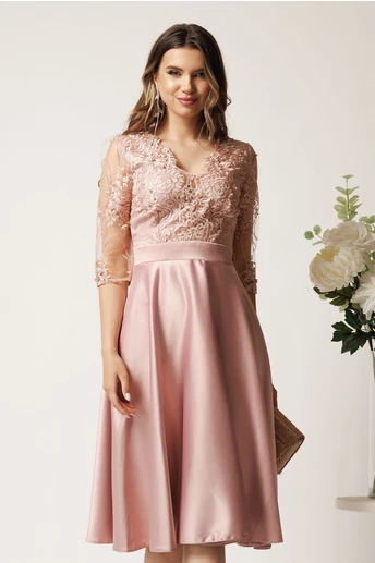 Rochie midi roz din tafta in clos cu dantela la bust - Ella Collection Inna