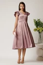 Rochie midi roz din tafta in clos cu perlute si volane la maneci, 3, dyfashion.ro