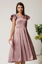 Rochie midi roz din tafta in clos cu perlute si volane la maneci, 1, dyfashion.ro