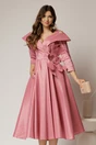 Rochie midi roz din tafta peliculizata cu floare ampla pe talie, 1, dyfashion.ro