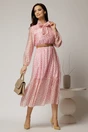 Rochie midi roz din tencel cu buline si funda la decolteu, 3, dyfashion.ro