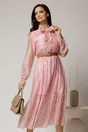 Rochie midi roz din tencel cu buline si funda la decolteu, 1, dyfashion.ro