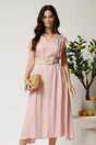 Rochie midi roz din tencel in clos cu cu pliuri si curea in talie, 1, dyfashion.ro