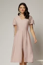 Rochie midi roz din viscoza cu decolteu V si snur la maneci, 1, dyfashion.ro