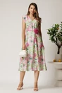 Rochie midi roz din viscoza cu imprimeuri verzi in clos cu floare in talie, 3, dyfashion.ro