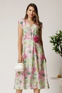 Rochie midi roz din viscoza cu imprimeuri verzi in clos cu floare in talie, 1, dyfashion.ro