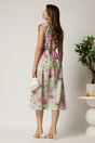 Rochie midi roz din viscoza cu imprimeuri verzi in clos cu floare in talie, 2, dyfashion.ro