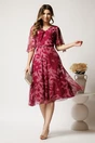 Rochie midi roz din voal cu imprimeu magenta si maneci vaporoase- Viada, 3, dyfashion.ro