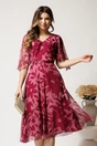 Rochie midi roz din voal cu imprimeu magenta si maneci vaporoase- Viada, 1, dyfashion.ro