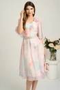 Rochie midi roz din voal cu imprimeuri bleu si floare maxi pe bust- Viada, 1, dyfashion.ro