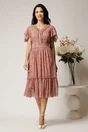 Rochie midi roz din voal cu imprimeuri florale albastre in clos cu volanase, 3, dyfashion.ro