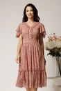 Rochie midi roz din voal cu imprimeuri florale albastre in clos cu volanase, 1, dyfashion.ro
