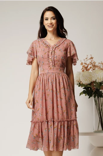 Rochie midi roz din voal cu imprimeuri florale albastre in clos cu volanase