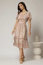 Rochie midi roz din voal cu imprimeuri florale oranj in clos cu volanase, 3, dyfashion.ro