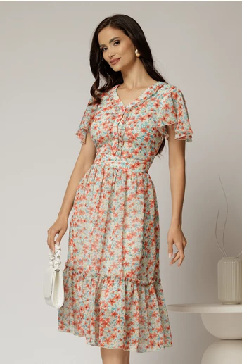 Rochie midi roz din voal cu imprimeuri florale oranj in clos cu volanase