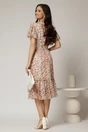Rochie midi roz din voal cu imprimeuri florale oranj in clos cu volanase, 2, dyfashion.ro