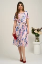 Rochie midi roz din voal cu imprimeuri floreale albastre si cordon in talie, 4, dyfashion.ro