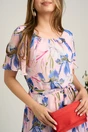 Rochie midi roz din voal cu imprimeuri floreale albastre si cordon in talie, 3, dyfashion.ro