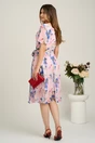 Rochie midi roz din voal cu imprimeuri floreale albastre si cordon in talie, 2, dyfashion.ro