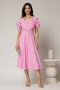 Rochie midi roz din voal in clos cu decupaje la umeri si cordon in talie, 3, dyfashion.ro