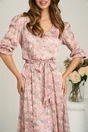Rochie midi roz din voal in clos cu flori si cordon in talie, 3, dyfashion.ro
