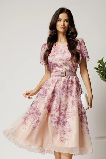 Rochie midi roz din voal in clos cu imprimeu floral si cordon in talie- Viada