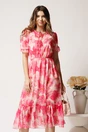 Rochie midi roz din voal in clos cu imprimeuri florale fucsia, 1, dyfashion.ro