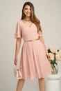 Rochie midi roz din voal in clos cu volane la maneci si curea in talie, 1, dyfashion.ro
