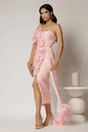 Rochie midi roz din voal peliculizat cu croi conic si volanase, 1, dyfashion.ro