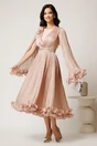 Rochie midi roz din voal satinat in clos cu floare la bust si curea din strasuri in talie, 2, dyfashion.ro