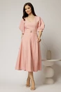 Rochie midi roz eleganta cu fusta clos, decolteu adanc in V si maneci bufante, 3, dyfashion.ro