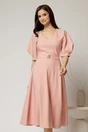 Rochie midi roz eleganta cu fusta clos, decolteu adanc in V si maneci bufante, 1, dyfashion.ro