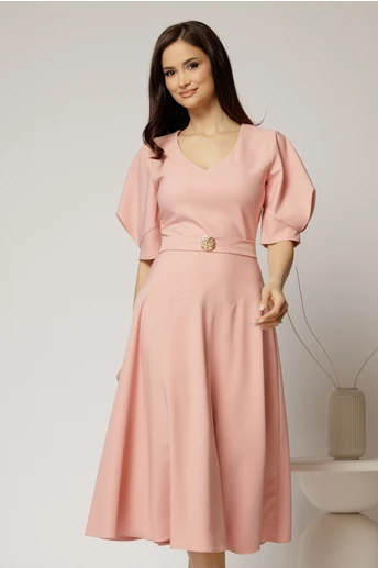 Rochie midi roz eleganta cu fusta clos, decolteu adanc in V si maneci bufante
