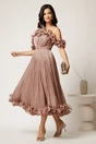 Rochie midi roz in clos din voal satinat cu volanase la bust si la baza, 2, dyfashion.ro
