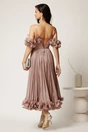 Rochie midi roz in clos din voal satinat cu volanase la bust si la baza, 3, dyfashion.ro