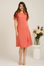Rochie midi roz piersica din crep in clini cu floare la bust- Moze, 4, dyfashion.ro